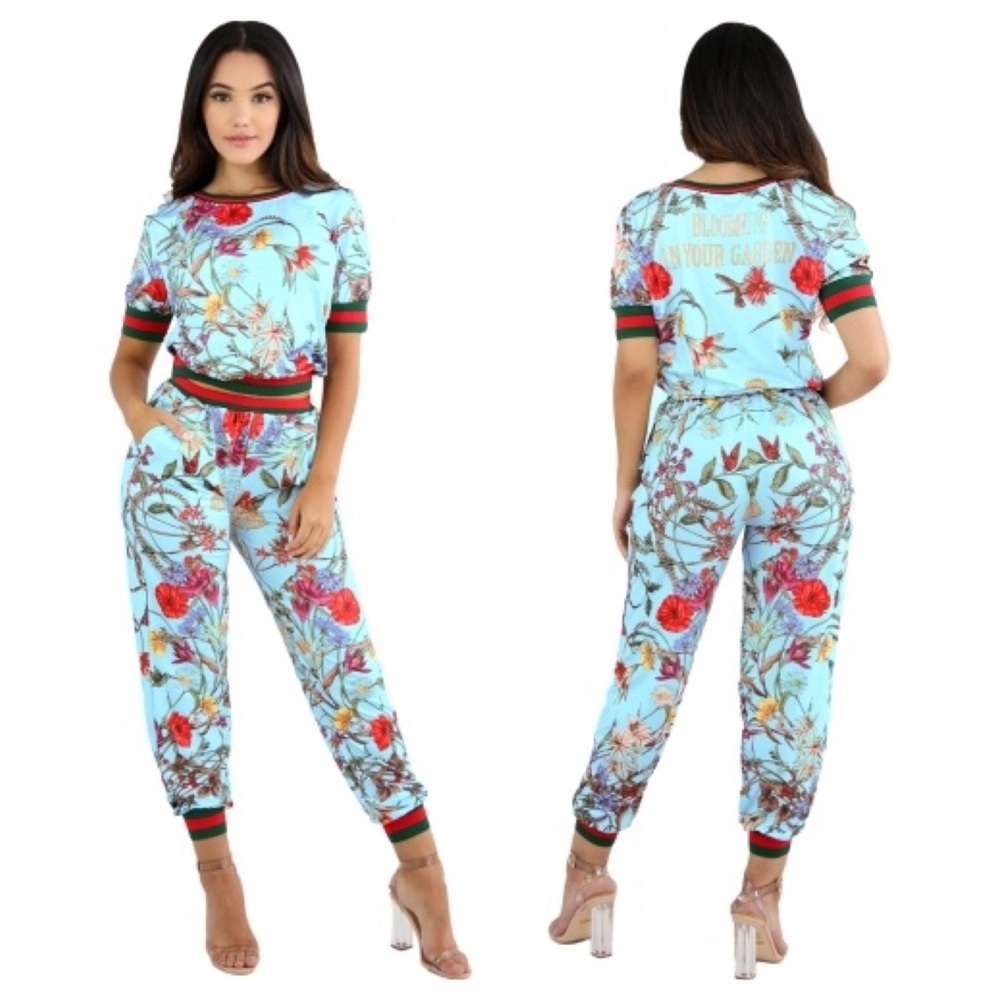 Light Blue Red Floral Print Two Piece Jogger Set